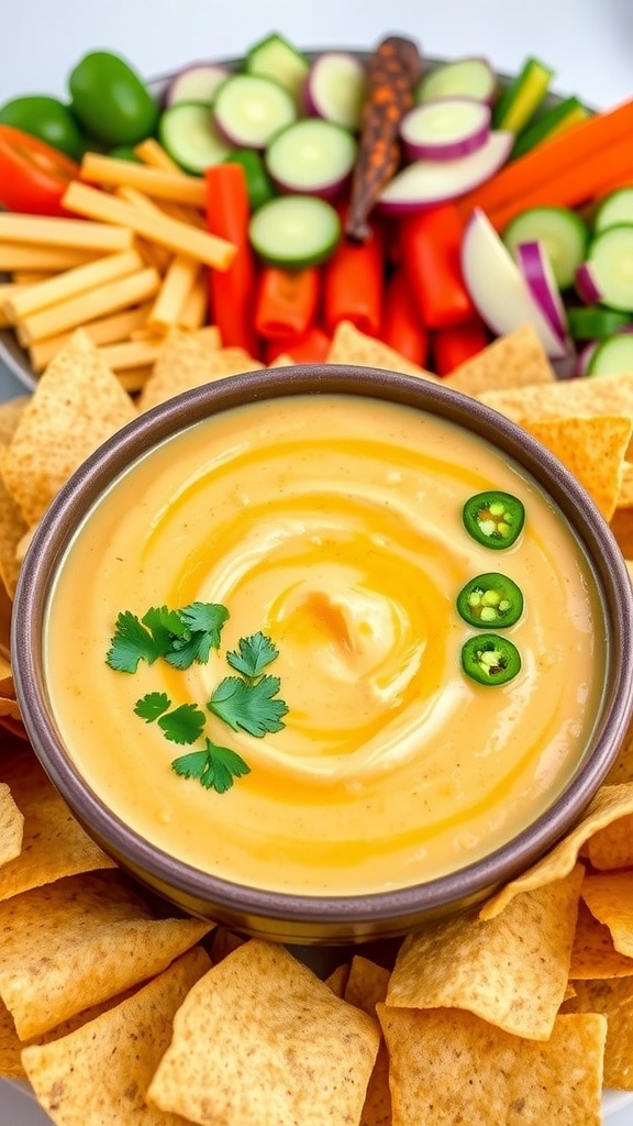 A bowl of vegan queso dip surrounded by tortilla chips and garnished with cilantro.